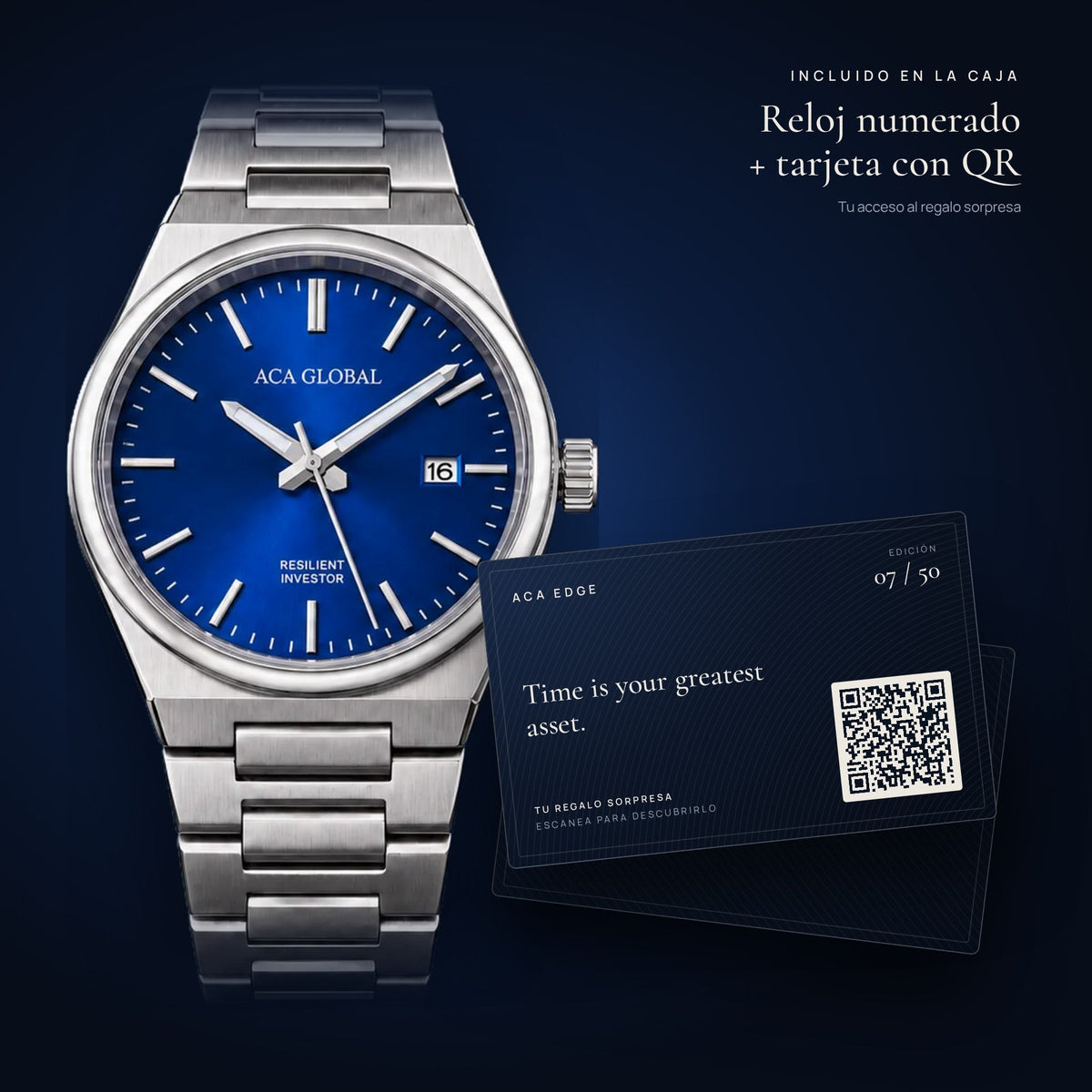 Reloj ACA EDGE Resilient Investor con la tarjeta de acceso y su código QR